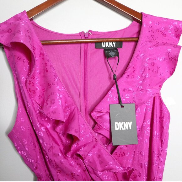 NWT DKNY Magenta Pink Faux Wrap Ruffle Midi Dress S M Sleeveless Tie Waist - Picture 8 of 10